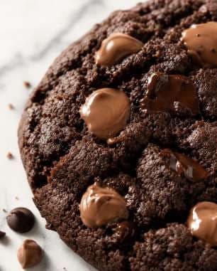 AI render: close-up of a double chocolate cookie with milk chocolate chunks