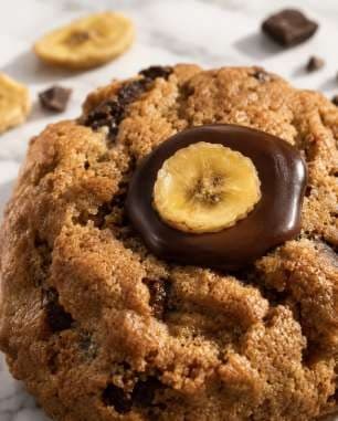 AI render: close-up of a cookie topped with a chocolate-dipped banana slice