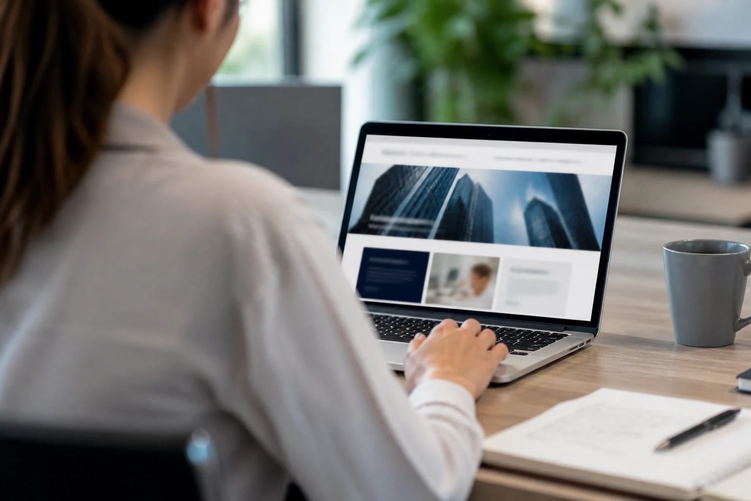 Person at a desk reading a company page on a laptop
